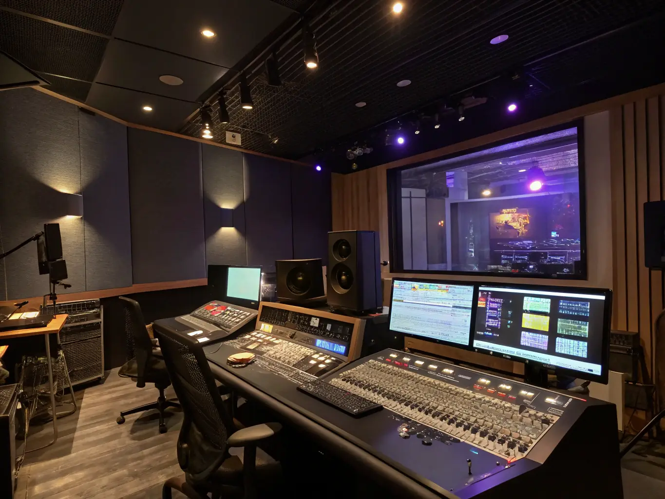 A professional recording studio with artists working on music production, showcasing state-of-the-art equipment.