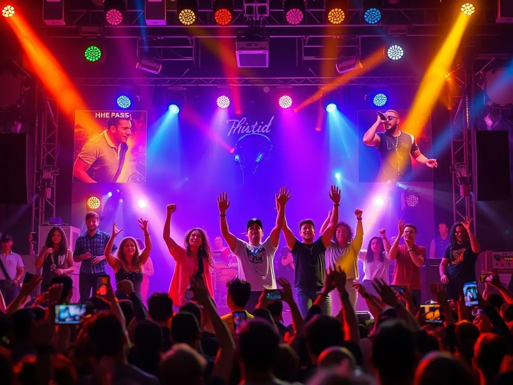 An energetic concert scene with diverse artists performing on stage, capturing the vibrant atmosphere of UNIS'ON events.